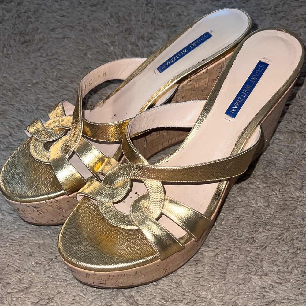 Stuart Weitzman Metallic Gold Wedge Sandals